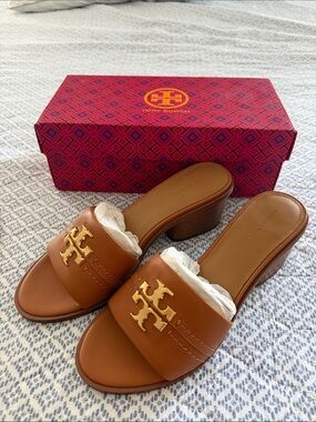 Tory Burch Tan Leather Logo Block-Heel Mules